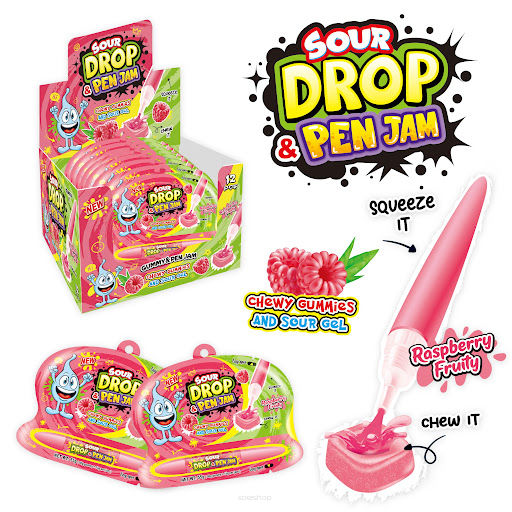 DŁUGOPIS ŻELKA O SMAKU MALINY 12SZT X 55G SOUR DROP PEN JAM