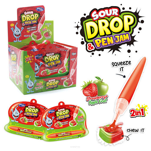 DŁUGOPIS ŻELKA O SMAKU TRUSKAWKI I JABŁKA  12SZT X 55G SOUR DROP PEN JAM