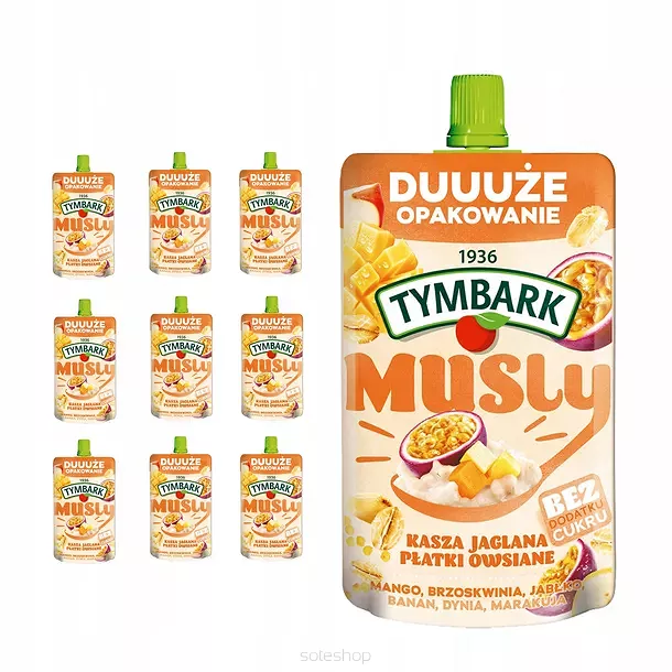 TYMBARK MUSLY KASZA/PŁATKI OWSIANE - MANGO • BRZOSKWINIA • JABŁKO • BANAN • MARAKUJA - 10 SZTUK