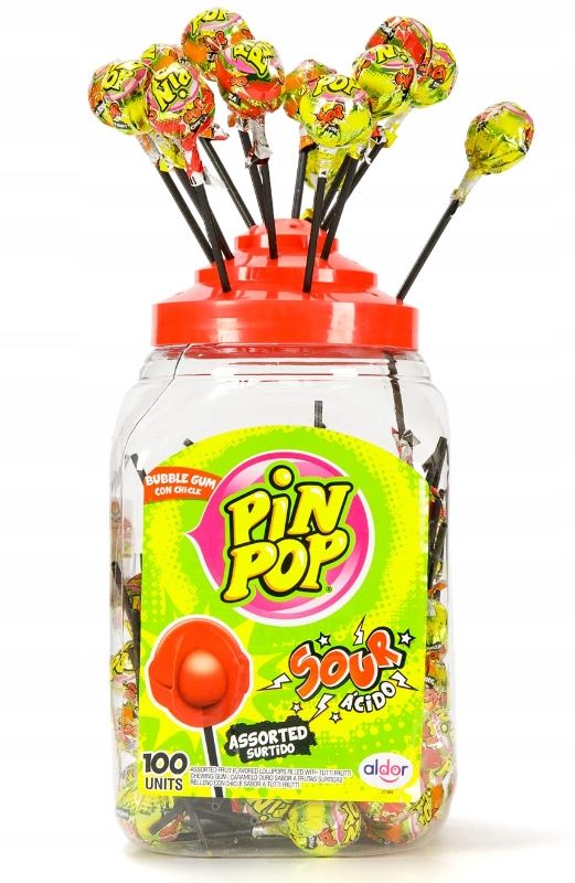 PIN POP SOUR ACIDO • KWAŚNE LIZAKI WYPEŁNIONE GUMĄ BALONOWĄ - 100 SZTUK