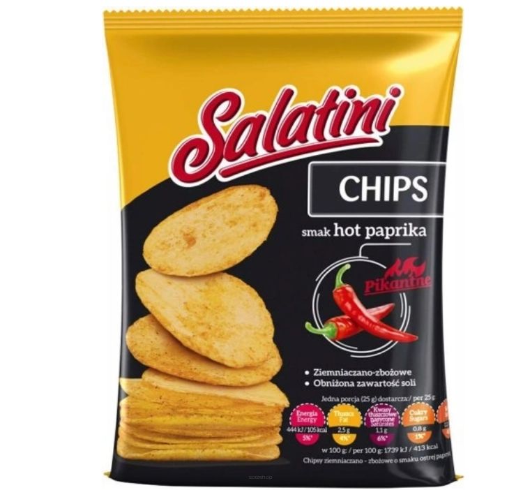 SALATINI CHIPS HOT PAPRIKA • PRZEKĄSKA ZIEMNIACZANO- ZBOŻOWA O SMAKU PIKANTNEJ PAPRYKI - 16 SZTUK