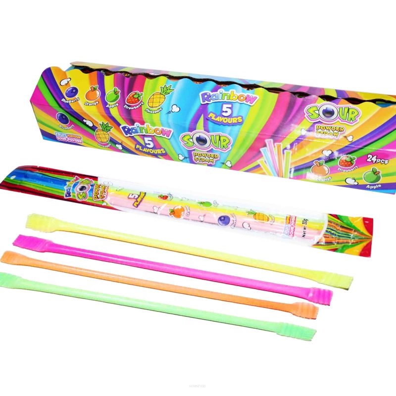 SŁOMKI Z KWAŚNYM PROSZKIEM OWOCOWYM 5 SMAKÓW • RAINBOW SOUR POWDER STRAW - 24 SZTUKI