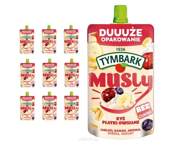 TYMBARK MUSLY RYŻ/PŁATKI OWSIANE - JABŁKO • BANAN • WIŚNIA • ARONIA • JOGURT - 10 SZTUK